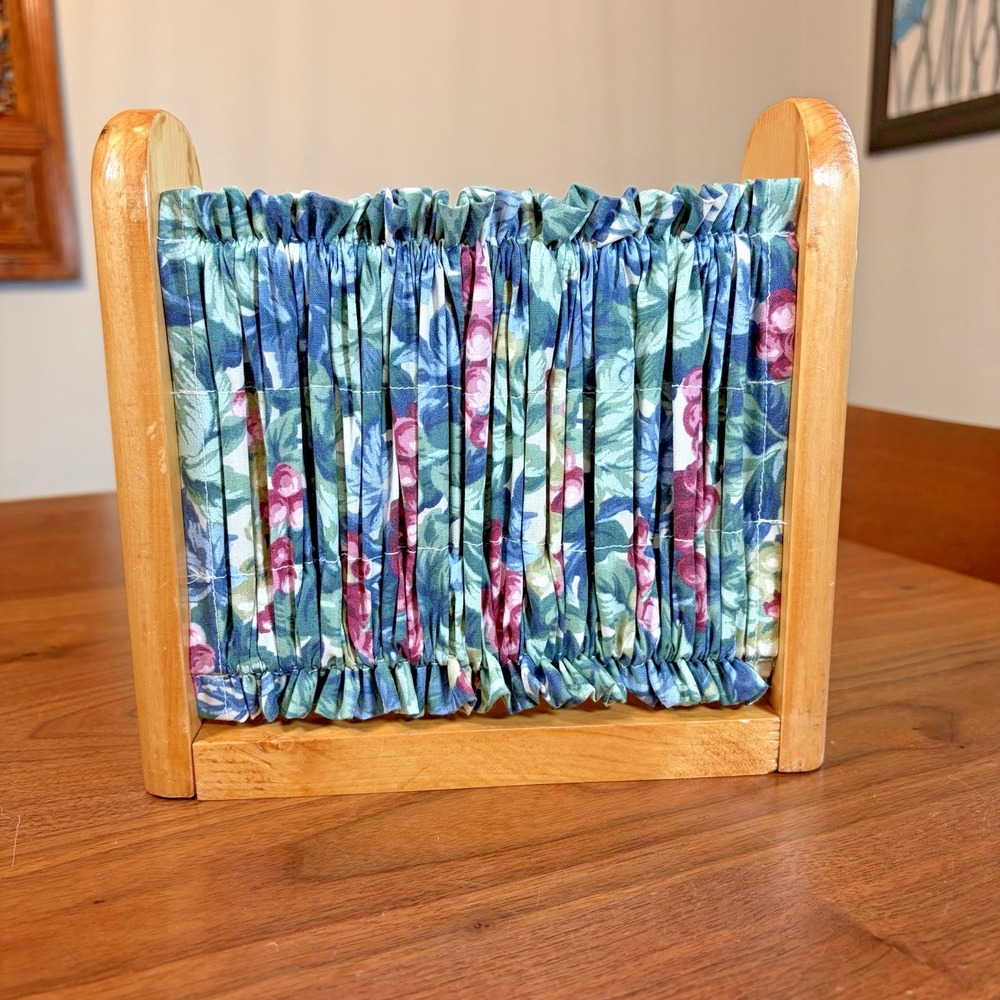 Vintage Curtain Napkin Holder Wood Floral Cottagecore Decor Rustic Farmhouse